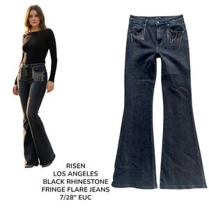 Risen Jeans Womens Black Flare Bell Bottom Rhinestone‎ Fringe Pocket Jeans 7/28"